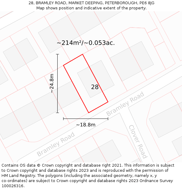 28, BRAMLEY ROAD, MARKET DEEPING, PETERBOROUGH, PE6 8JG: Plot and title map