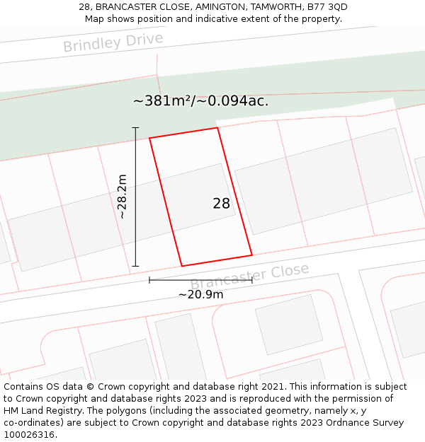 28, BRANCASTER CLOSE, AMINGTON, TAMWORTH, B77 3QD: Plot and title map