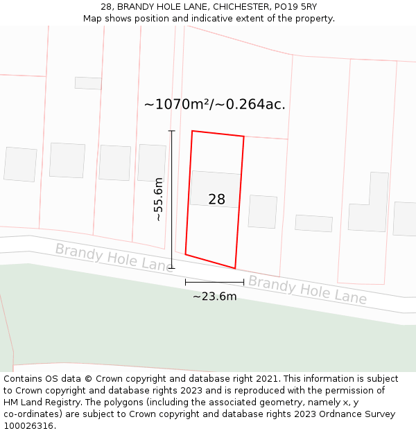 28, BRANDY HOLE LANE, CHICHESTER, PO19 5RY: Plot and title map