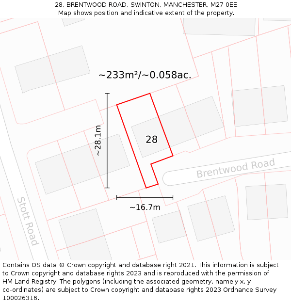 28, BRENTWOOD ROAD, SWINTON, MANCHESTER, M27 0EE: Plot and title map