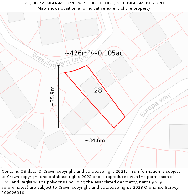 28, BRESSINGHAM DRIVE, WEST BRIDGFORD, NOTTINGHAM, NG2 7PD: Plot and title map