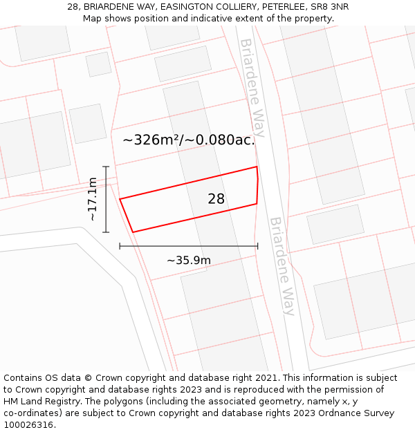 28, BRIARDENE WAY, EASINGTON COLLIERY, PETERLEE, SR8 3NR: Plot and title map