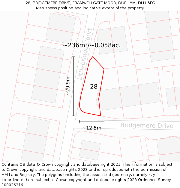 28, BRIDGEMERE DRIVE, FRAMWELLGATE MOOR, DURHAM, DH1 5FG: Plot and title map