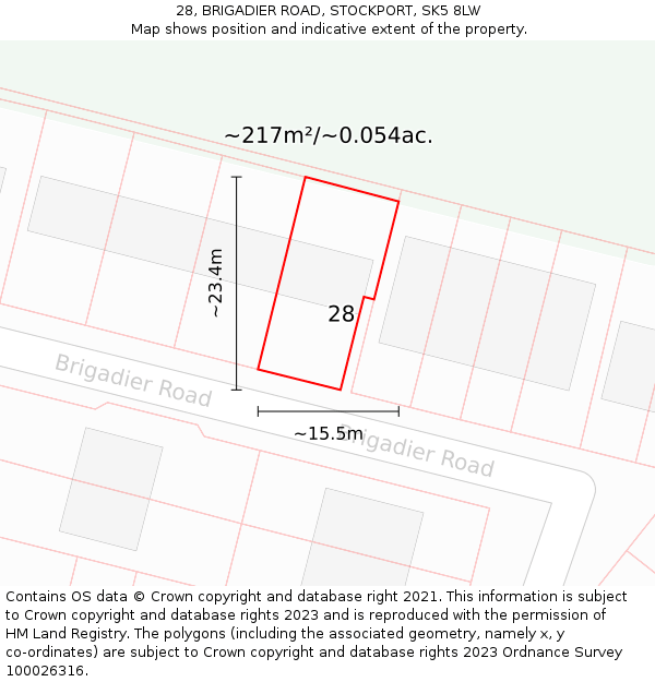 28, BRIGADIER ROAD, STOCKPORT, SK5 8LW: Plot and title map