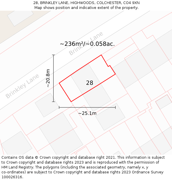 28, BRINKLEY LANE, HIGHWOODS, COLCHESTER, CO4 9XN: Plot and title map