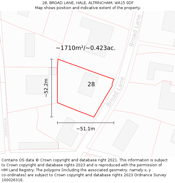 28, BROAD LANE, HALE, ALTRINCHAM, WA15 0DF: Plot and title map