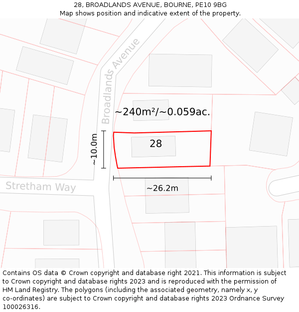 28, BROADLANDS AVENUE, BOURNE, PE10 9BG: Plot and title map