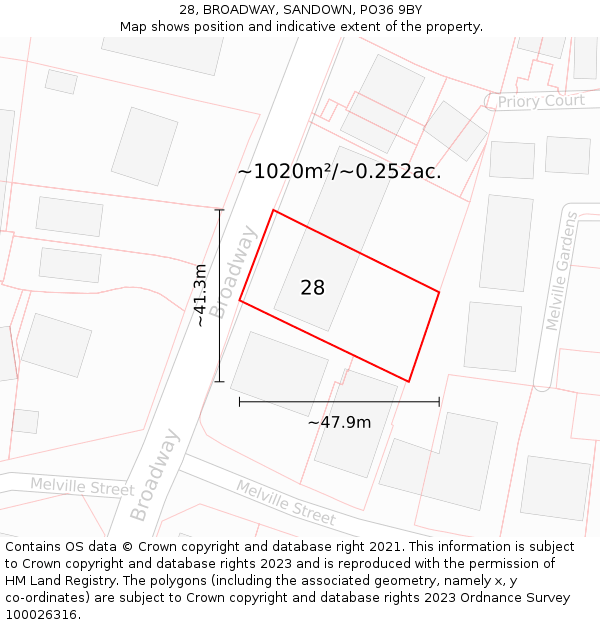 28, BROADWAY, SANDOWN, PO36 9BY: Plot and title map