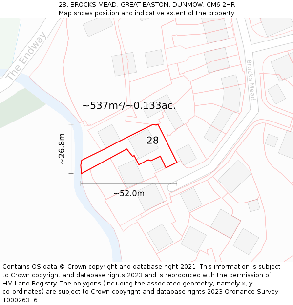 28, BROCKS MEAD, GREAT EASTON, DUNMOW, CM6 2HR: Plot and title map