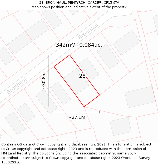 28, BRON HAUL, PENTYRCH, CARDIFF, CF15 9TA: Plot and title map