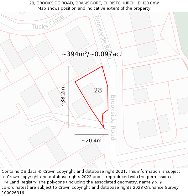 28, BROOKSIDE ROAD, BRANSGORE, CHRISTCHURCH, BH23 8AW: Plot and title map