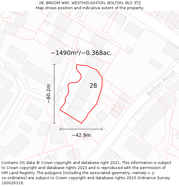 28, BROOM WAY, WESTHOUGHTON, BOLTON, BL5 3TZ: Plot and title map