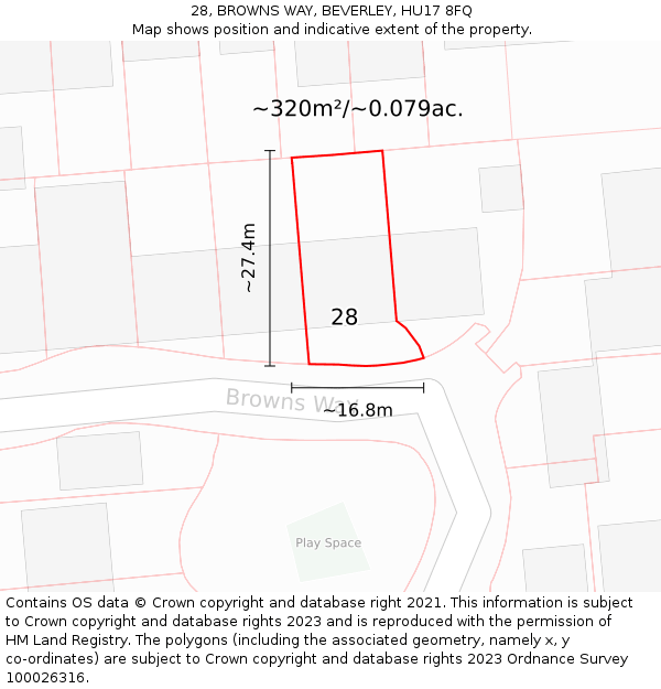 28, BROWNS WAY, BEVERLEY, HU17 8FQ: Plot and title map