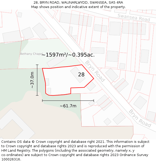 28, BRYN ROAD, WAUNARLWYDD, SWANSEA, SA5 4RA: Plot and title map