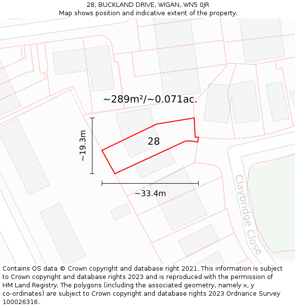 28, BUCKLAND DRIVE, WIGAN, WN5 0JR: Plot and title map