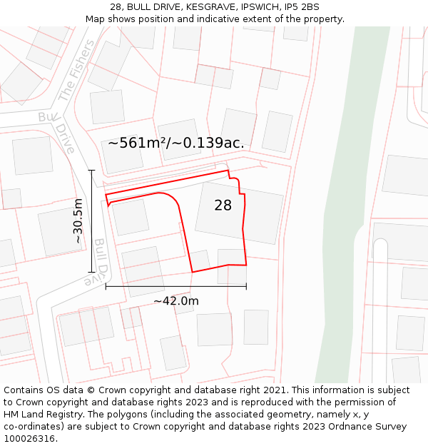 28, BULL DRIVE, KESGRAVE, IPSWICH, IP5 2BS: Plot and title map