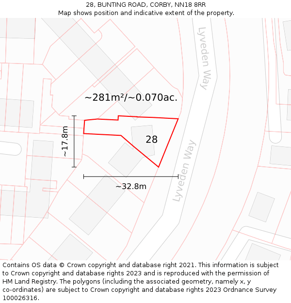 28, BUNTING ROAD, CORBY, NN18 8RR: Plot and title map