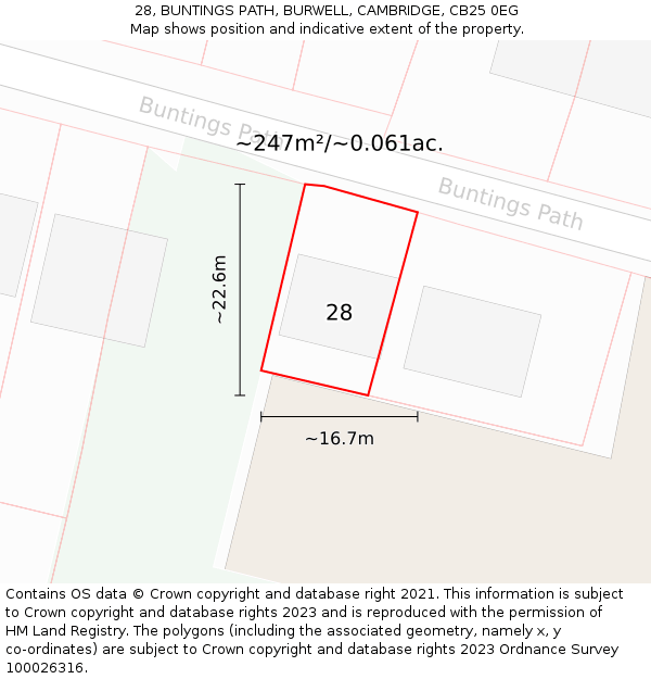 28, BUNTINGS PATH, BURWELL, CAMBRIDGE, CB25 0EG: Plot and title map