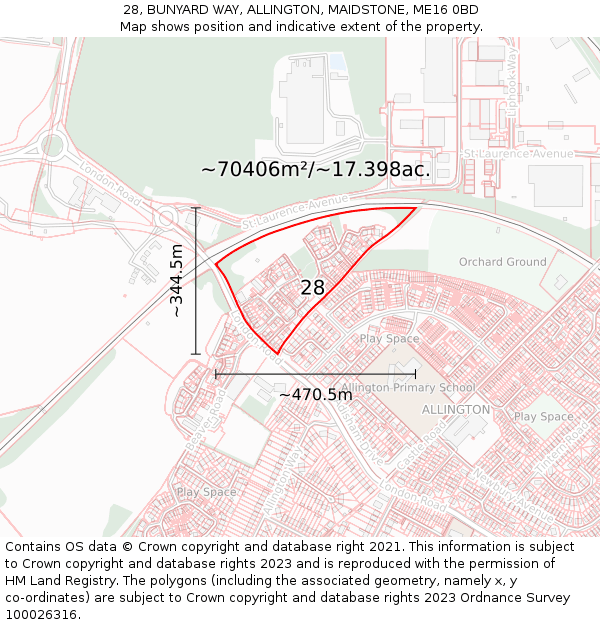 28, BUNYARD WAY, ALLINGTON, MAIDSTONE, ME16 0BD: Plot and title map