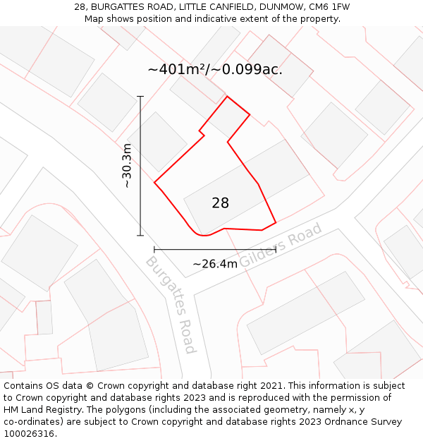 28, BURGATTES ROAD, LITTLE CANFIELD, DUNMOW, CM6 1FW: Plot and title map