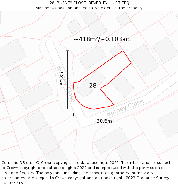 28, BURNEY CLOSE, BEVERLEY, HU17 7EQ: Plot and title map