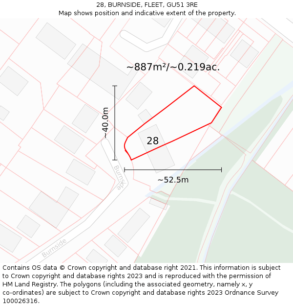 28, BURNSIDE, FLEET, GU51 3RE: Plot and title map