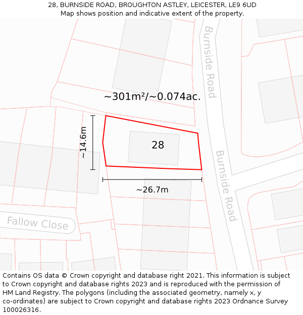 28, BURNSIDE ROAD, BROUGHTON ASTLEY, LEICESTER, LE9 6UD: Plot and title map