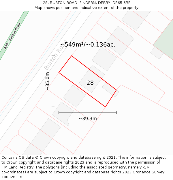 28, BURTON ROAD, FINDERN, DERBY, DE65 6BE: Plot and title map