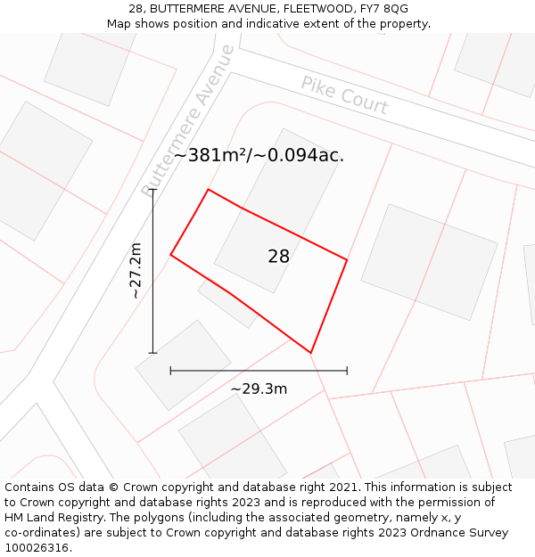 28, BUTTERMERE AVENUE, FLEETWOOD, FY7 8QG: Plot and title map