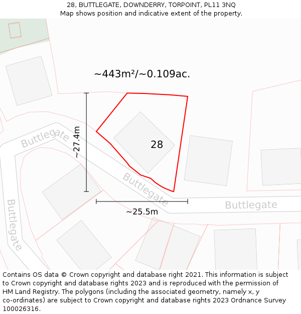 28, BUTTLEGATE, DOWNDERRY, TORPOINT, PL11 3NQ: Plot and title map