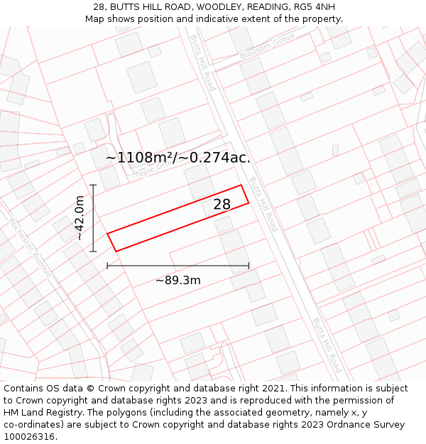 28, BUTTS HILL ROAD, WOODLEY, READING, RG5 4NH: Plot and title map