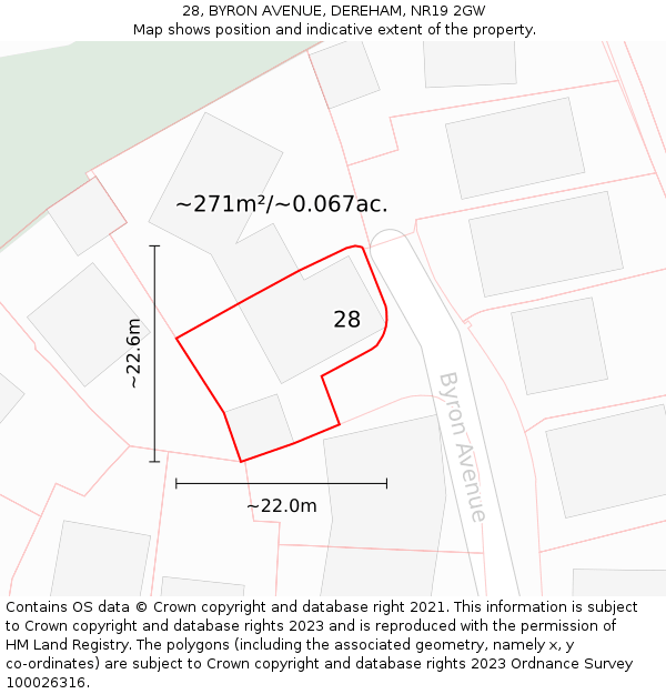 28, BYRON AVENUE, DEREHAM, NR19 2GW: Plot and title map
