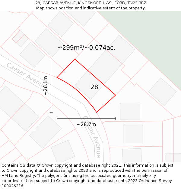 28, CAESAR AVENUE, KINGSNORTH, ASHFORD, TN23 3PZ: Plot and title map