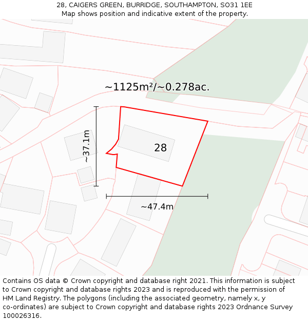 28, CAIGERS GREEN, BURRIDGE, SOUTHAMPTON, SO31 1EE: Plot and title map
