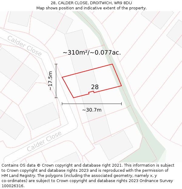28, CALDER CLOSE, DROITWICH, WR9 8DU: Plot and title map
