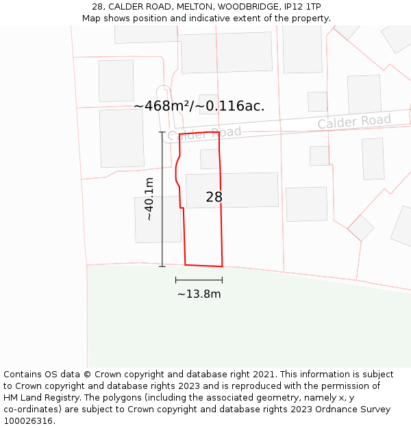28, CALDER ROAD, MELTON, WOODBRIDGE, IP12 1TP: Plot and title map