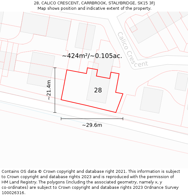 28, CALICO CRESCENT, CARRBROOK, STALYBRIDGE, SK15 3FJ: Plot and title map