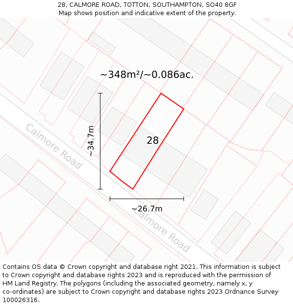 28, CALMORE ROAD, TOTTON, SOUTHAMPTON, SO40 8GF: Plot and title map