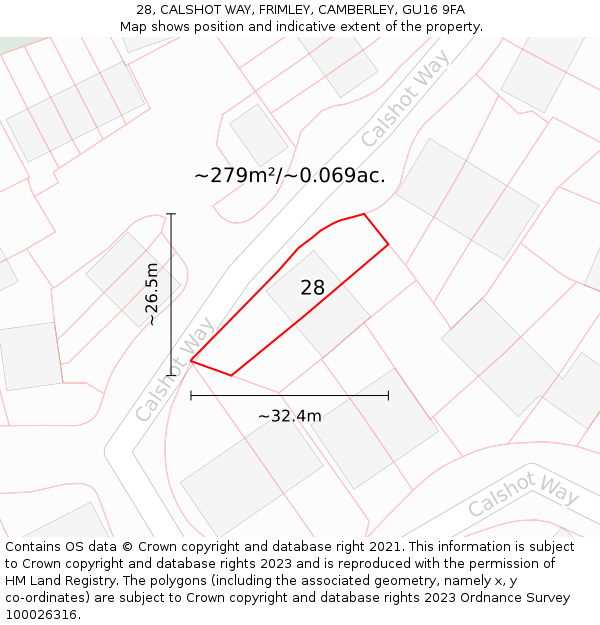 28, CALSHOT WAY, FRIMLEY, CAMBERLEY, GU16 9FA: Plot and title map