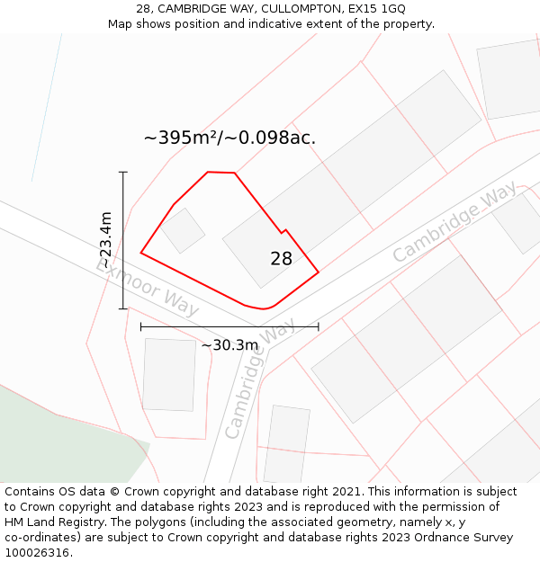 28, CAMBRIDGE WAY, CULLOMPTON, EX15 1GQ: Plot and title map