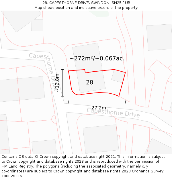 28, CAPESTHORNE DRIVE, SWINDON, SN25 1UR: Plot and title map