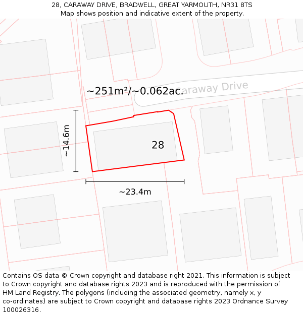 28, CARAWAY DRIVE, BRADWELL, GREAT YARMOUTH, NR31 8TS: Plot and title map