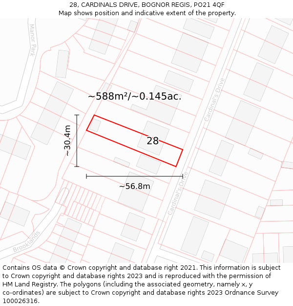 28, CARDINALS DRIVE, BOGNOR REGIS, PO21 4QF: Plot and title map