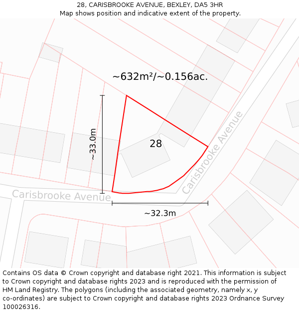 28, CARISBROOKE AVENUE, BEXLEY, DA5 3HR: Plot and title map