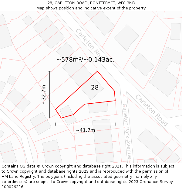 28, CARLETON ROAD, PONTEFRACT, WF8 3ND: Plot and title map