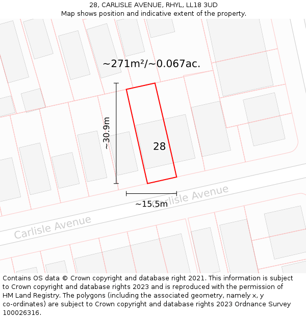 28, CARLISLE AVENUE, RHYL, LL18 3UD: Plot and title map