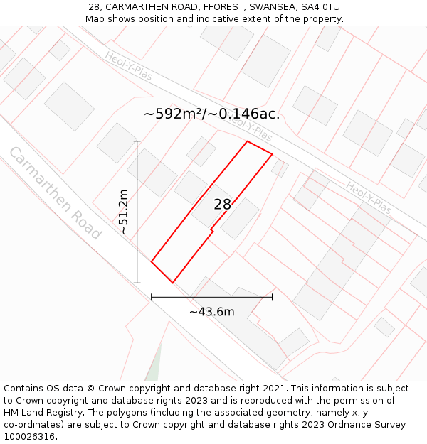 28, CARMARTHEN ROAD, FFOREST, SWANSEA, SA4 0TU: Plot and title map