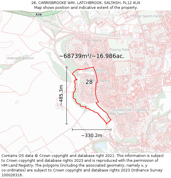 28, CARRISBROOKE WAY, LATCHBROOK, SALTASH, PL12 4UX: Plot and title map