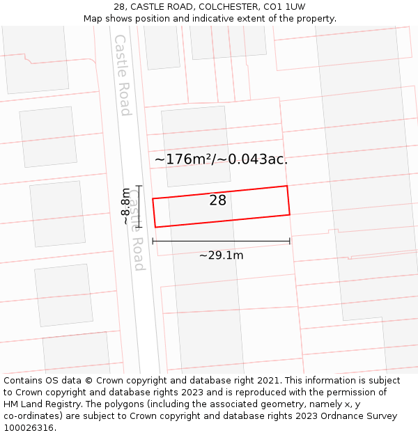 28, CASTLE ROAD, COLCHESTER, CO1 1UW: Plot and title map