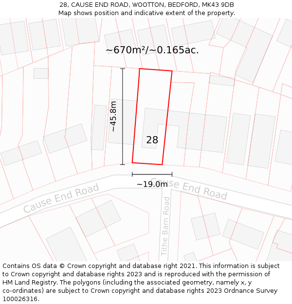 28, CAUSE END ROAD, WOOTTON, BEDFORD, MK43 9DB: Plot and title map